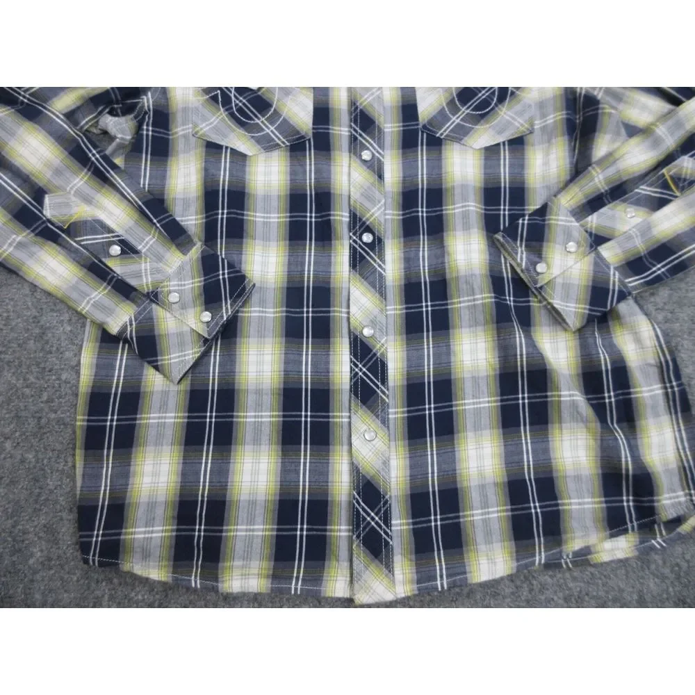 True Religion Shirt Mens Large‎ Blue Plaid Button Up Pearl Snap Western Cowboy